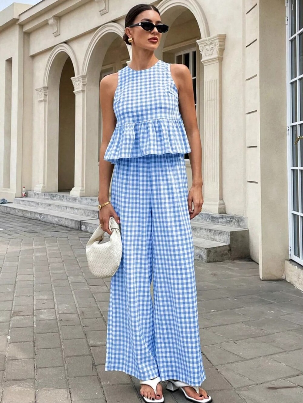 🌸Blue Gingham Peplum Top & Wide Leg Pants Set - Picture 2 of 4